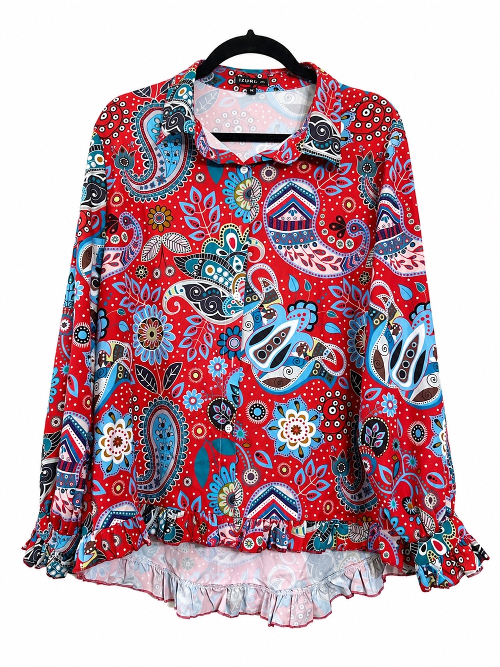 IZURIA Red Paisley Floral Ruffle Hem Button Blouse Boho Top 2XL